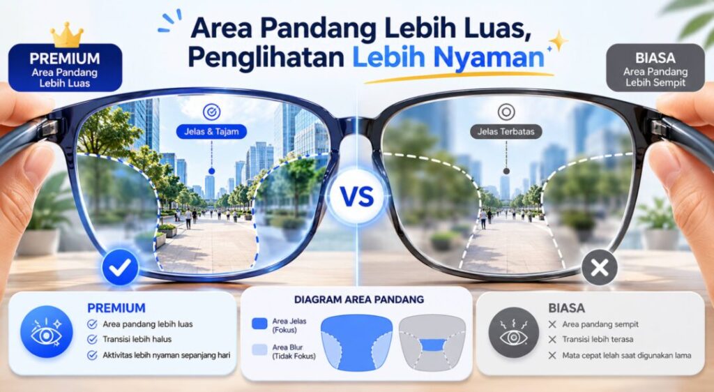 Perbandingan lensa kacamata progresif premium dan biasa