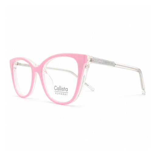 Frame Kacamata Clip On Callista TR9902 C4 tampak serong kiri dengan clip on pink